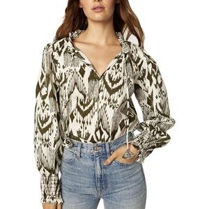 MISA Los Angeles Merida Tie Blouse Green Ikat Print Ruffle Neck Cotton L